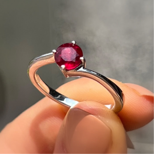 Minimalist Dainty Sterling Silver Brilliant Cut Red Ruby Ring - Size R