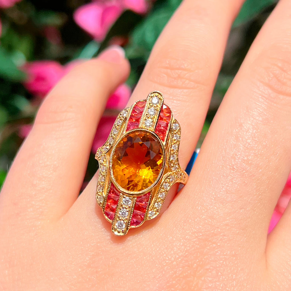 'The Soleil' Citrine, Orange Sapphire and Diamond 18ct Yellow Gold Cocktail Ring | Size M ½