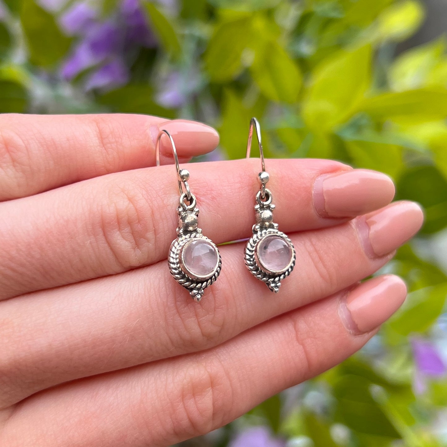 Sterling Silver Boho Pink Rose Quartz Drop Earrings