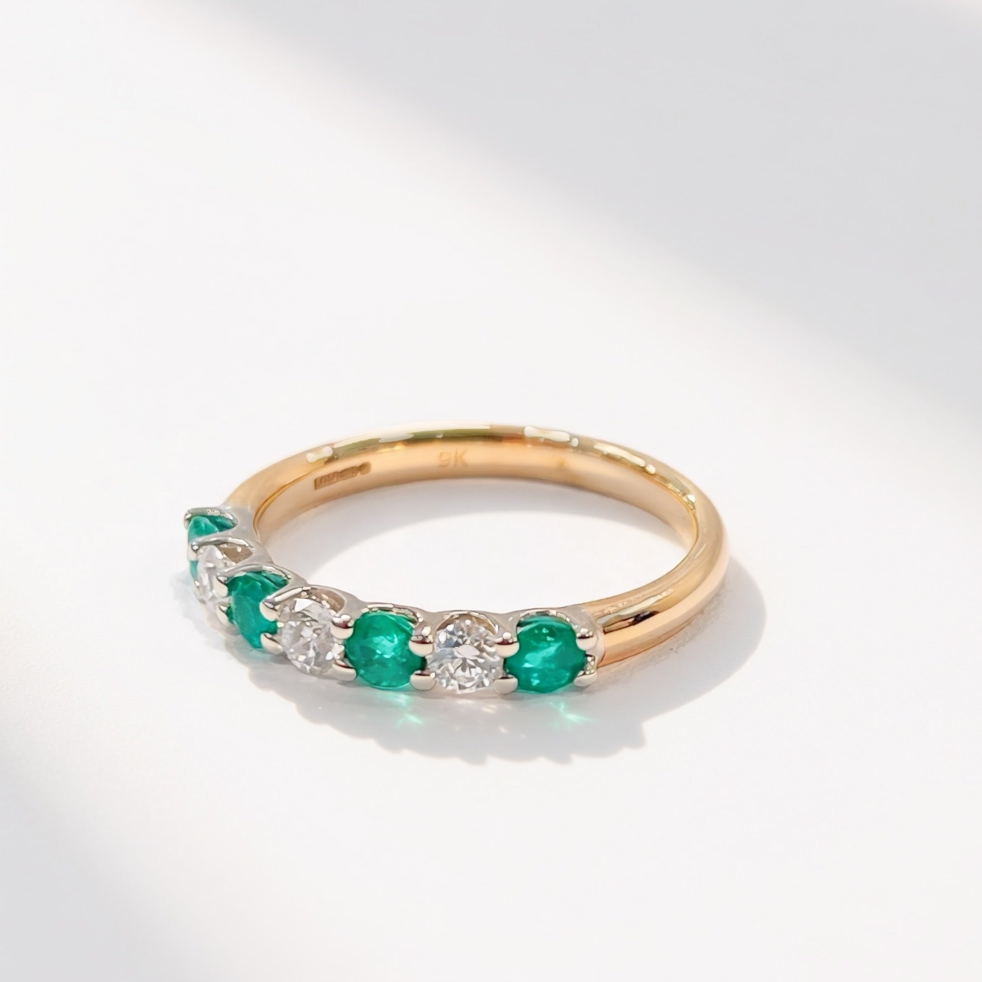 Emerald and Diamond Dainty 9ct Yellow Gold Eternity Ring | Size O