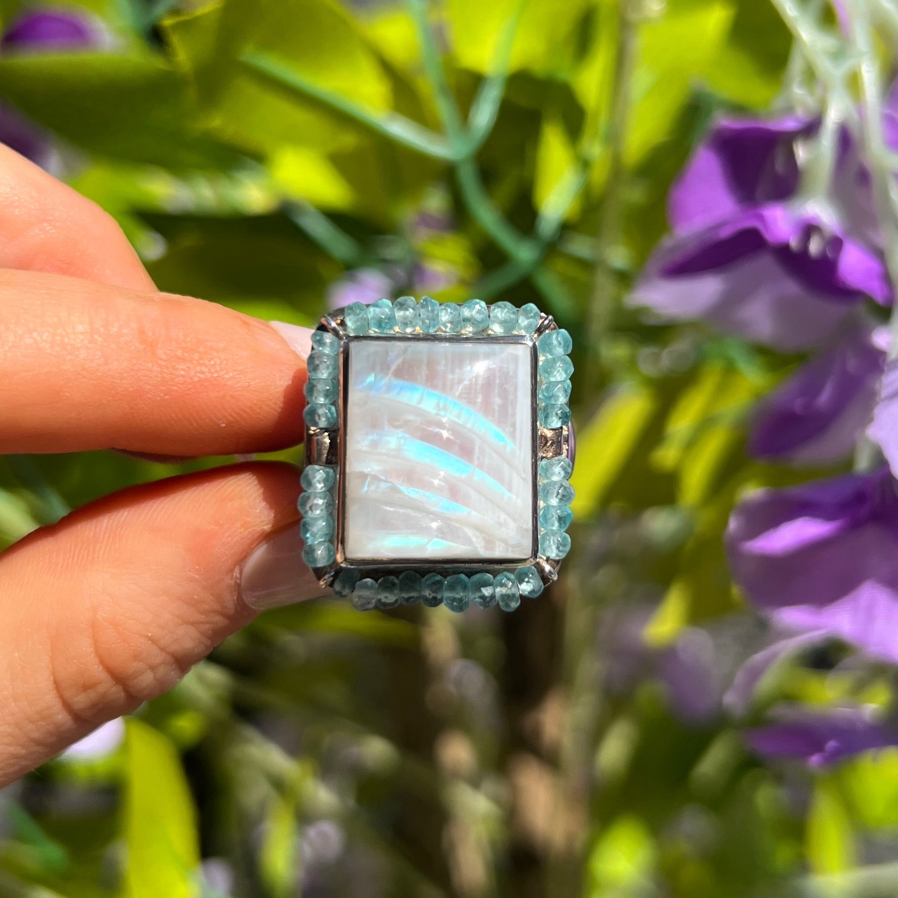 Square Rainbow Moonstone & Aquamarine Beaded Bohemian Ring | Adjustable Size