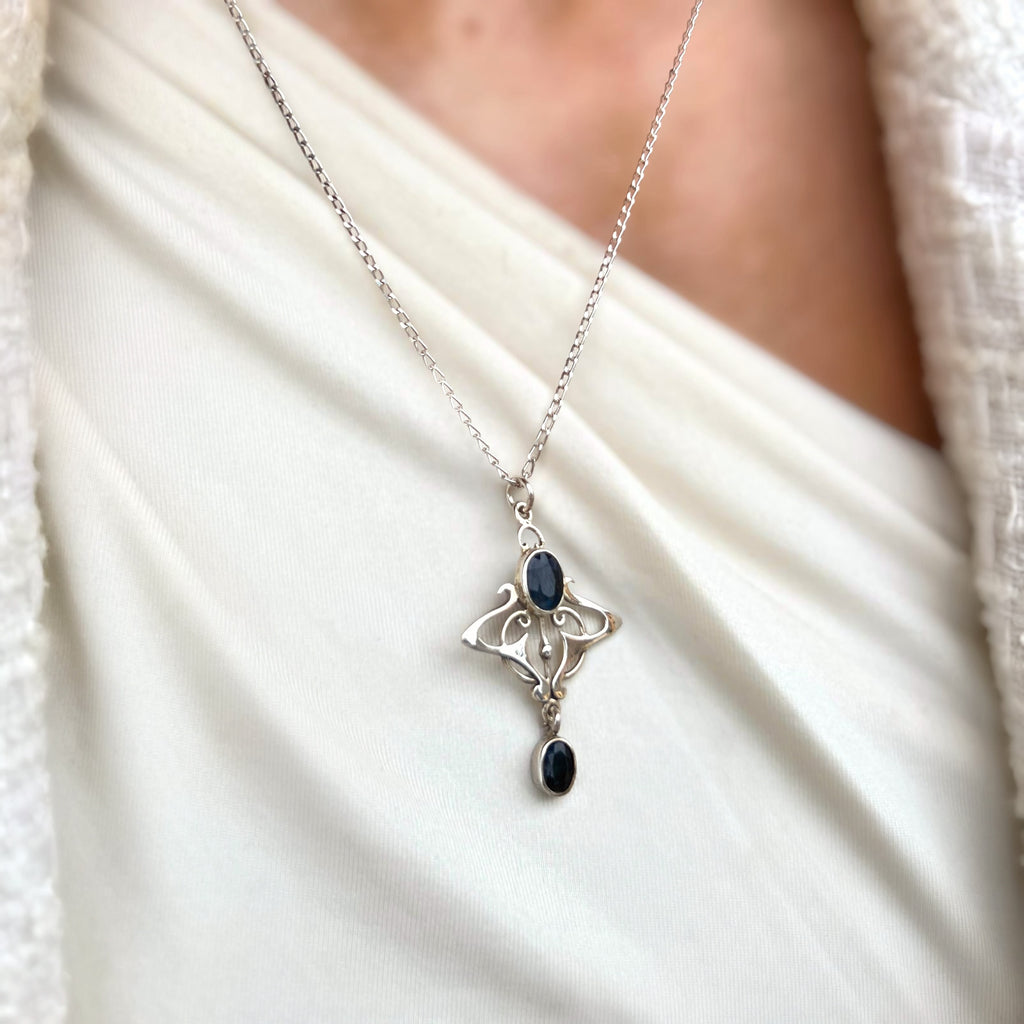Blue Sapphire Sterling Silver Art Nouveau Pendant & Chain
