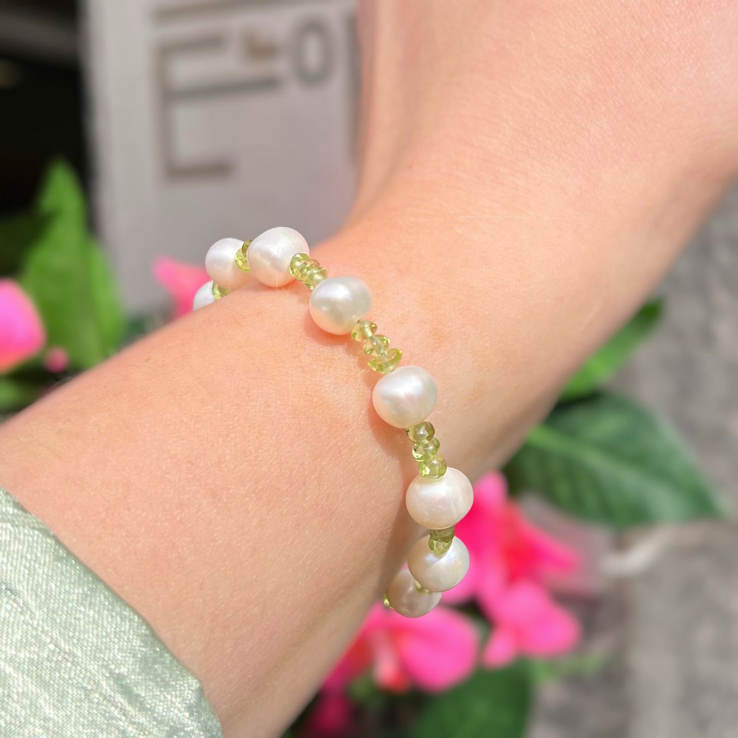Unique Sterling Silver Peridot and Real Pearl Beaded Bracelet