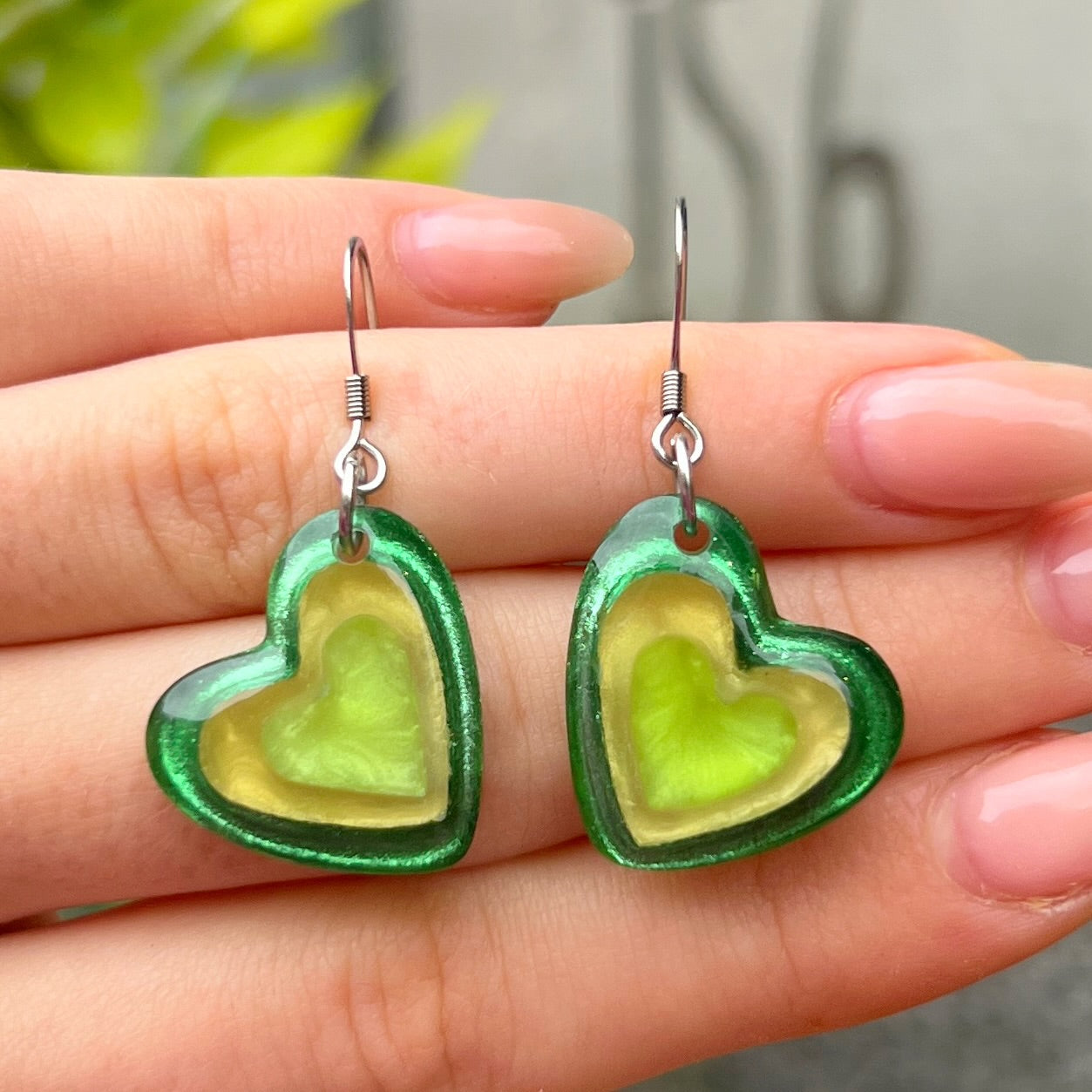 ‘Watch This Space’ Green Love Heart Drop Earrings