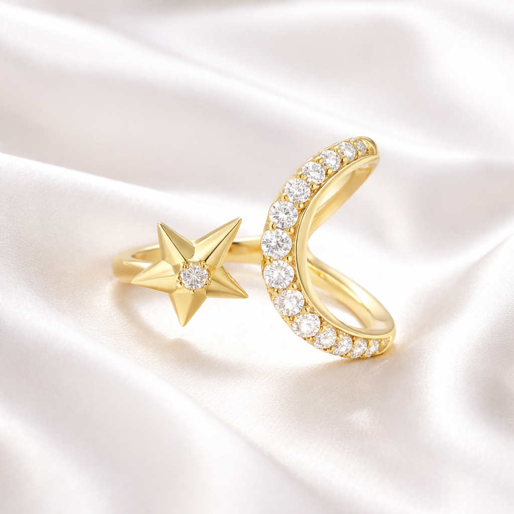 Gold on Silver Sparkling Moon and Star Adjustable Ring | Ania Haie