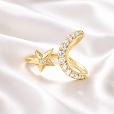 Gold on Silver Sparkling Moon and Star Adjustable Ring | Ania Haie