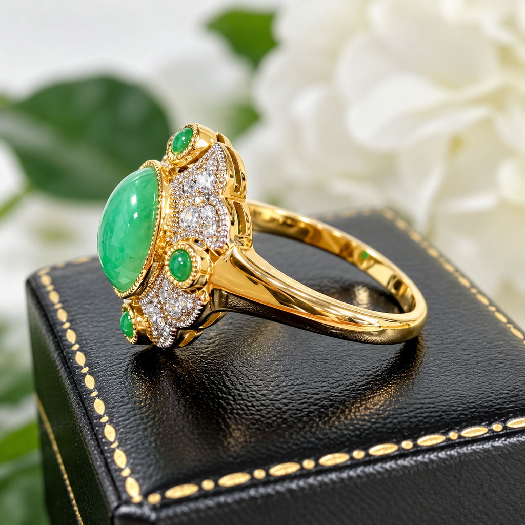 Jade and Diamond Art Deco Reproduction 9ct Yellow Gold Ring