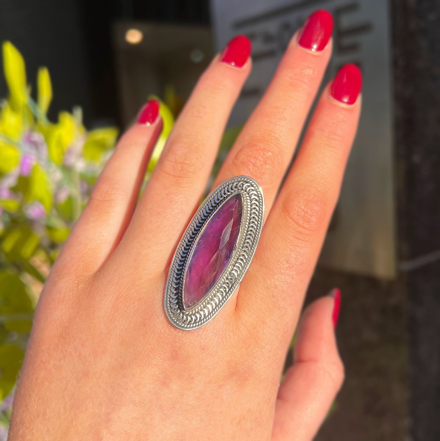 Statement Sterling Silver Checkerboard Cut Marquise Amethyst Ring - Size R ½