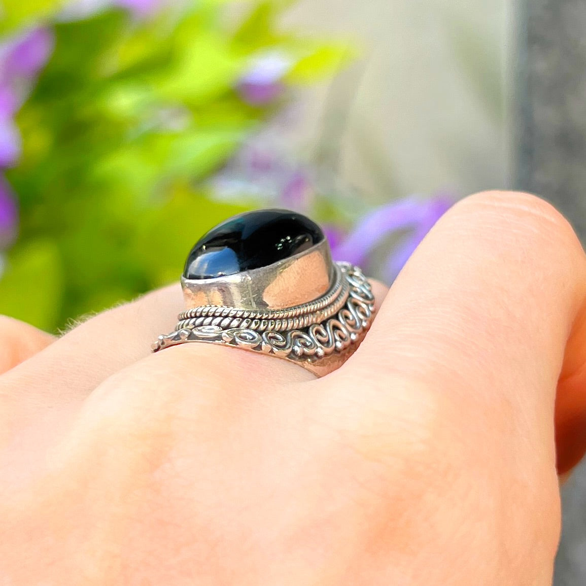 Sterling Silver Bohemian Black Onyx Ring - Size O