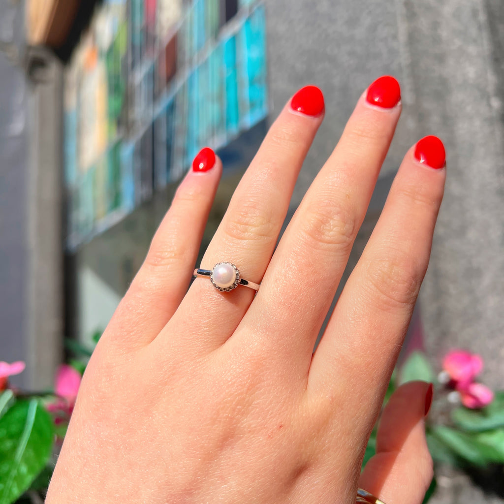 Pearl and Cubic Zirconia Sterling Silver Halo Cluster Dainty Ring | Size L