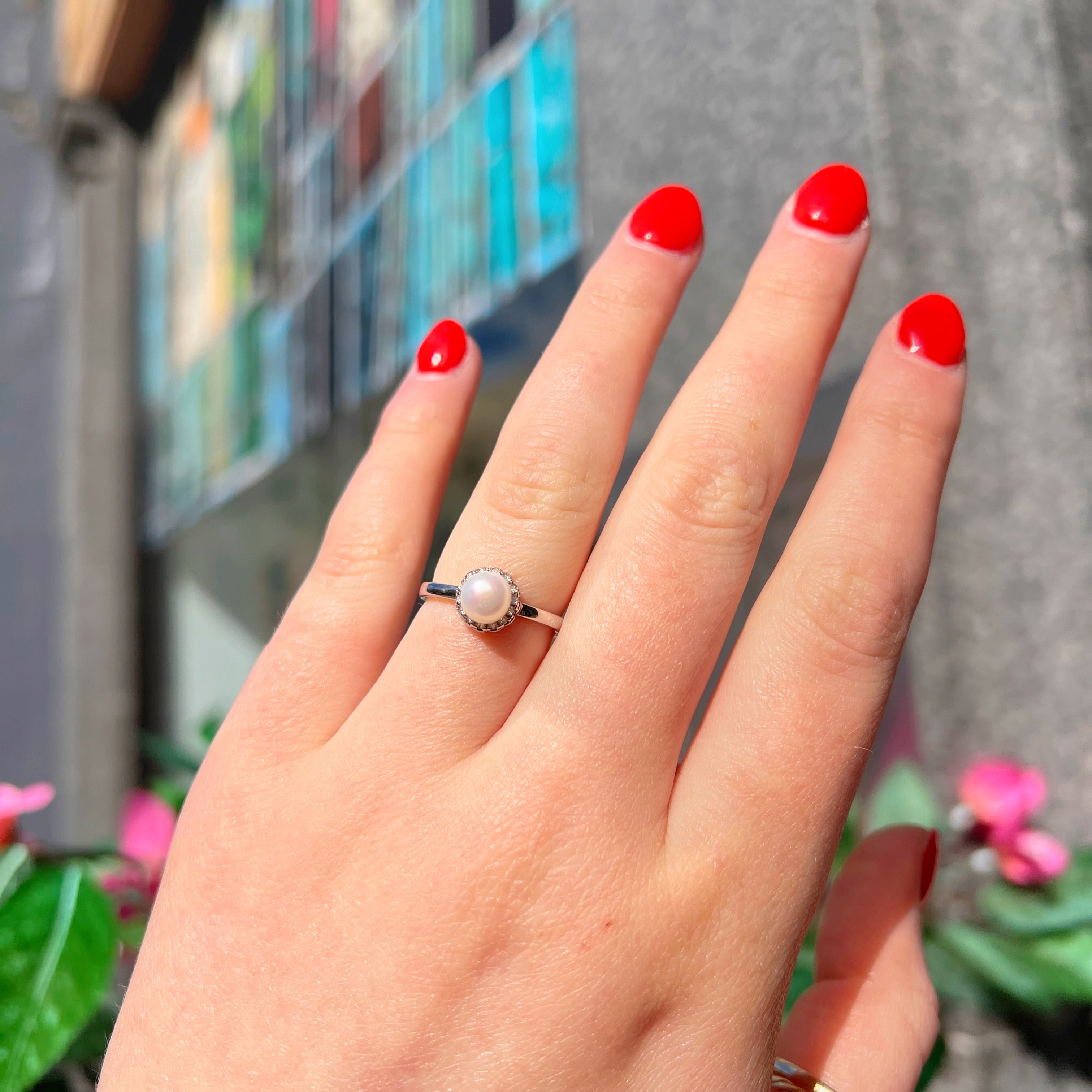 Pearl and Cubic Zirconia Sterling Silver Halo Cluster Dainty Ring | Size L