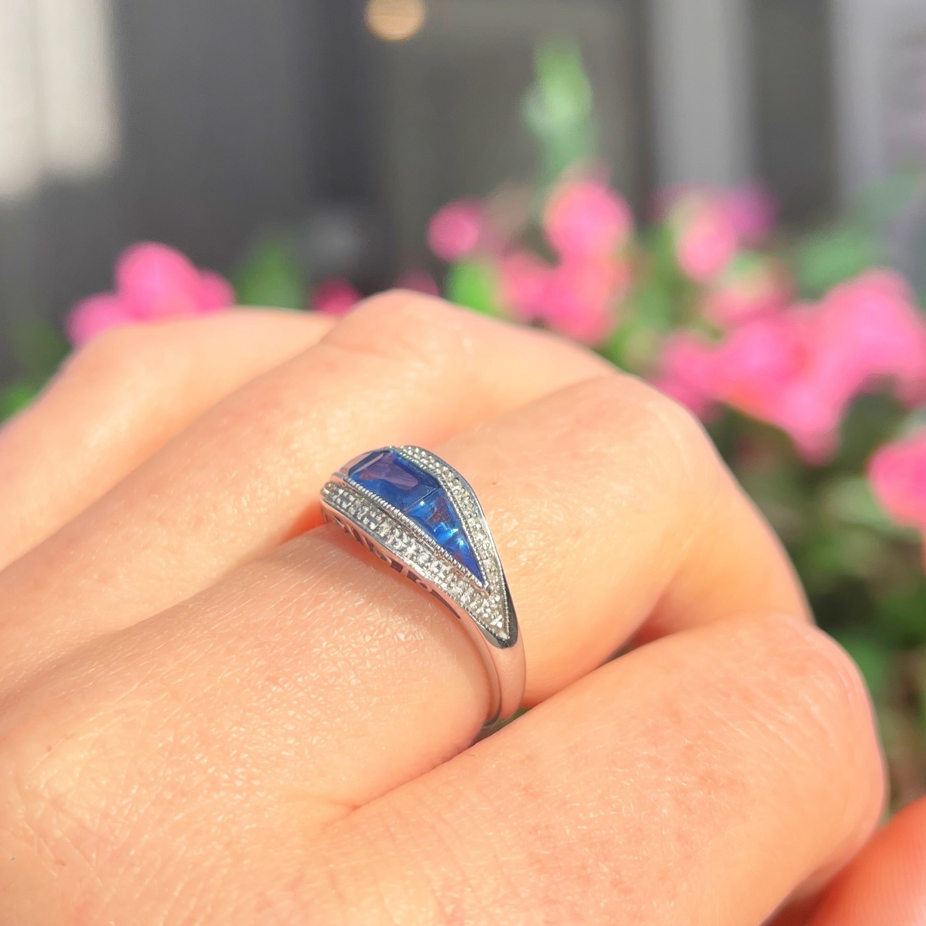 Art Deco Reproduction Madagascar Blue Sapphire and Diamond 9ct White Gold Ring | Size O