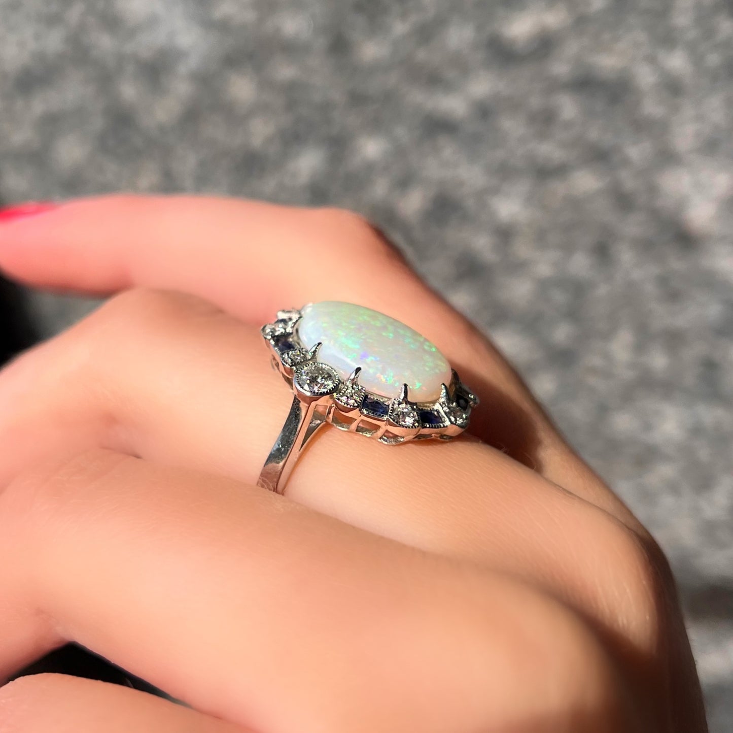 Platinum Opal, Sapphire and Diamond Art Deco Reproduction Ring - Size N ½