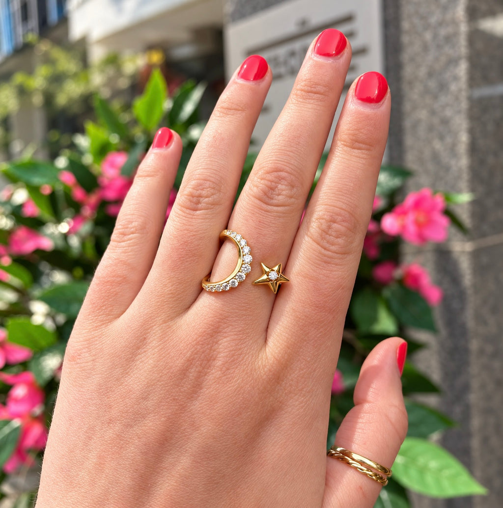 Gold on Silver Sparkling Moon and Star Adjustable Ring | Ania Haie