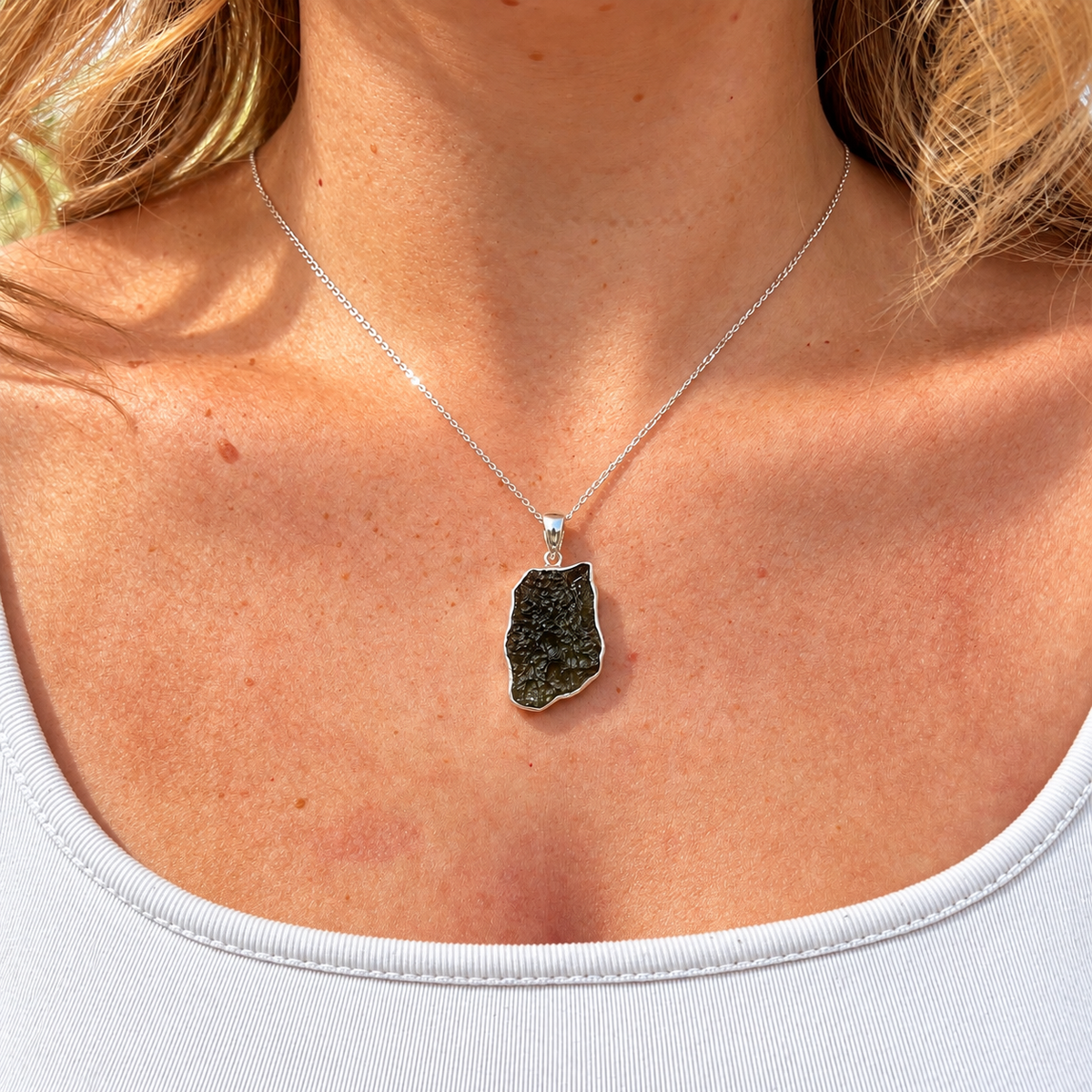 Rough Cut Green Moldavite Sterling Silver Pendant