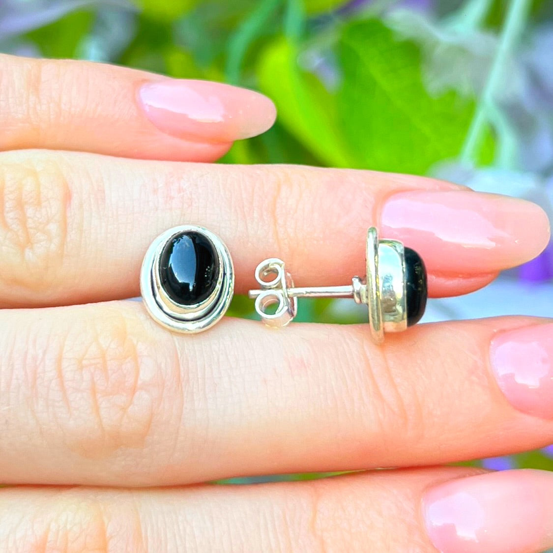 Sterling Silver Black Onyx Oval Stud Earrings