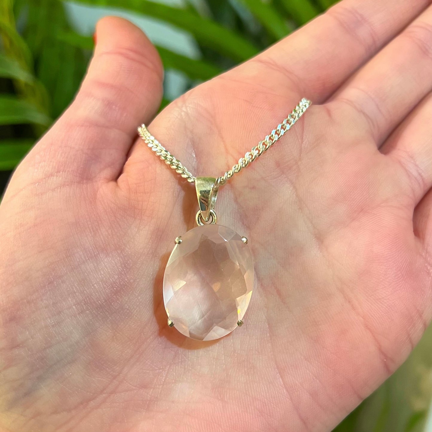 Pink Rose Quartz Sterling Silver Pendant & Chain
