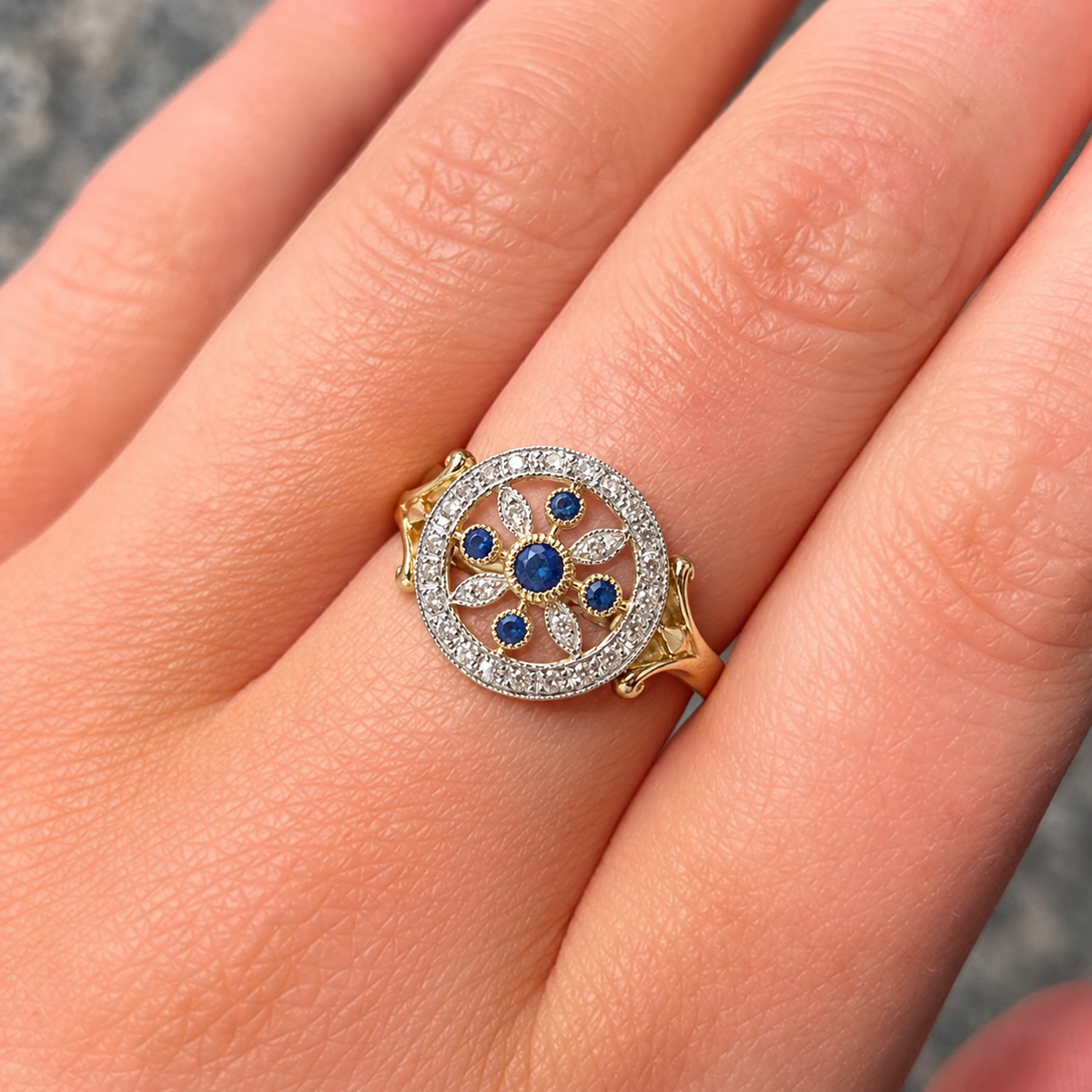 Victorian Inspired Sapphire and Diamond 9ct Yellow Gold Ring | Size L ½