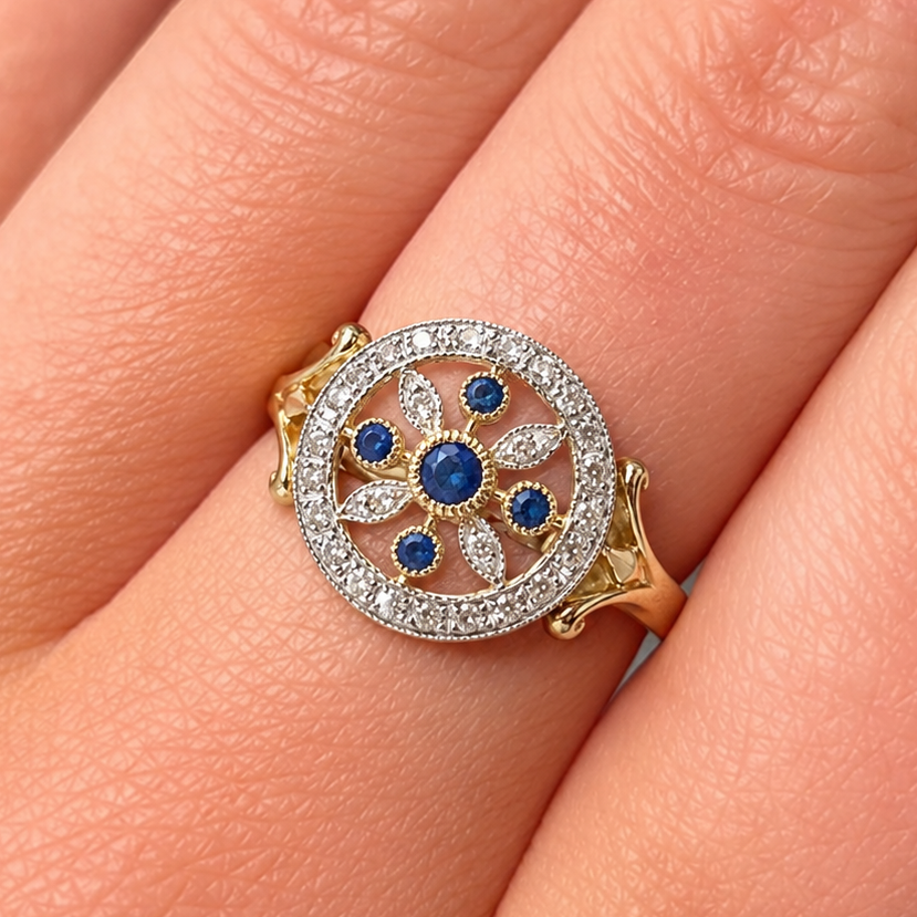 Victorian Inspired Sapphire and Diamond 9ct Yellow Gold Ring | Size L ½