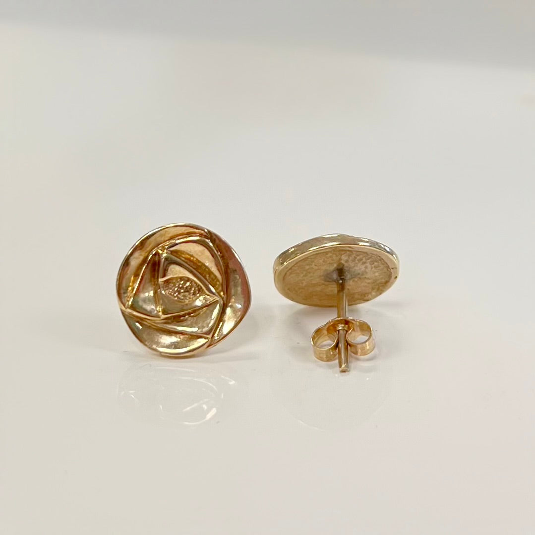 Vintage Charles Rennie Mackintosh Inspired Rose Motif Disc 9ct Yellow Gold Stud Earrings