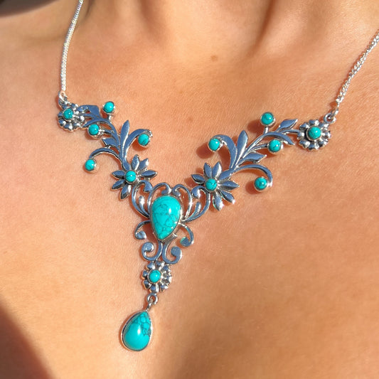 (RESERVED) Elegant Sterling Silver Blue Turquoise Floral Necklace