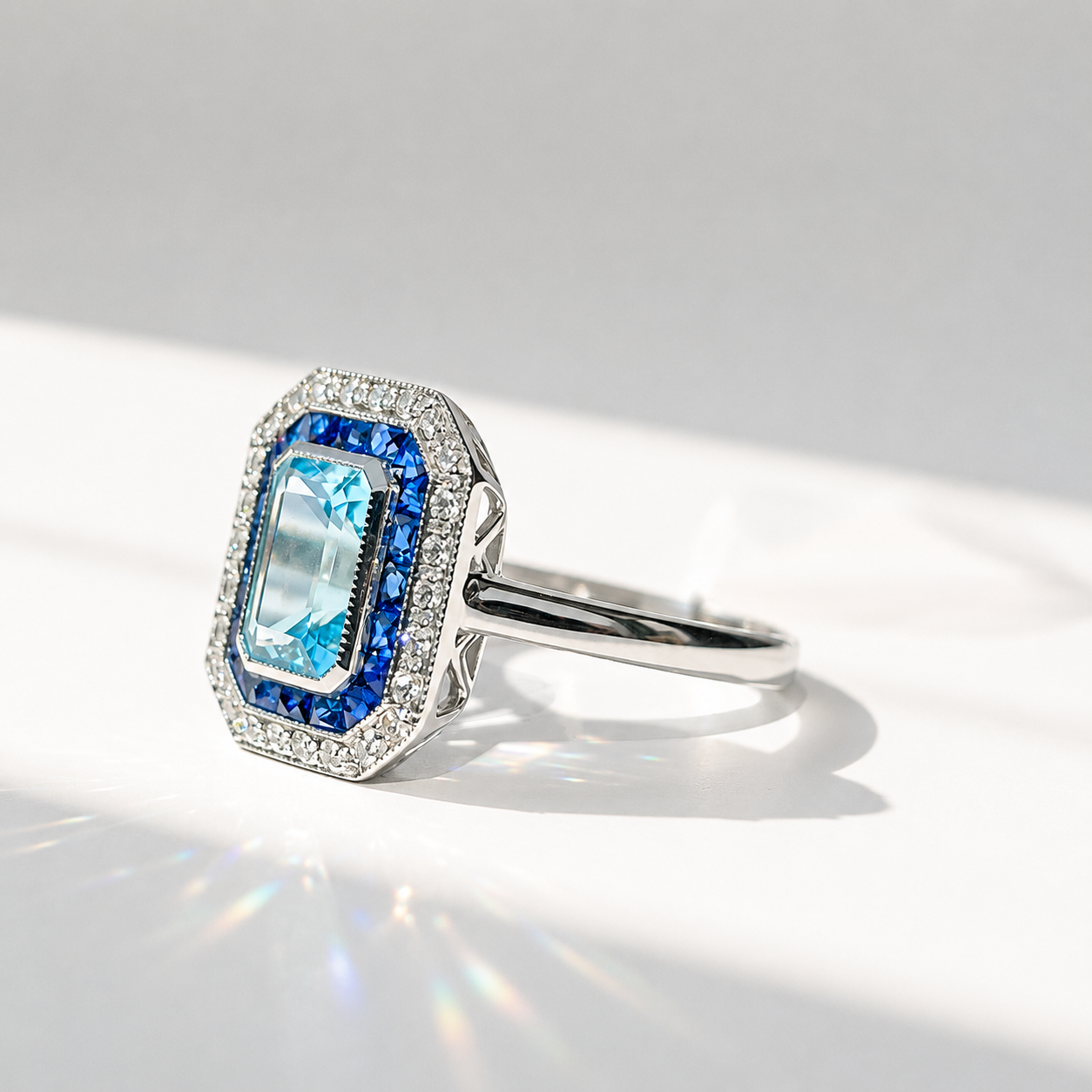 Art Deco Reproduction Blue Topaz, Sapphire and Diamond 9ct White Gold Ring | Size M ½
