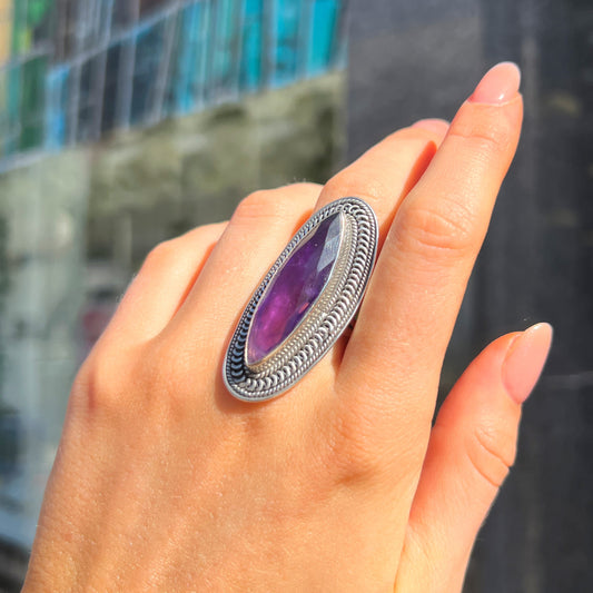 Sterling Silver XL Chunky Boho Inspired Purple Amethyst Ring - Size R