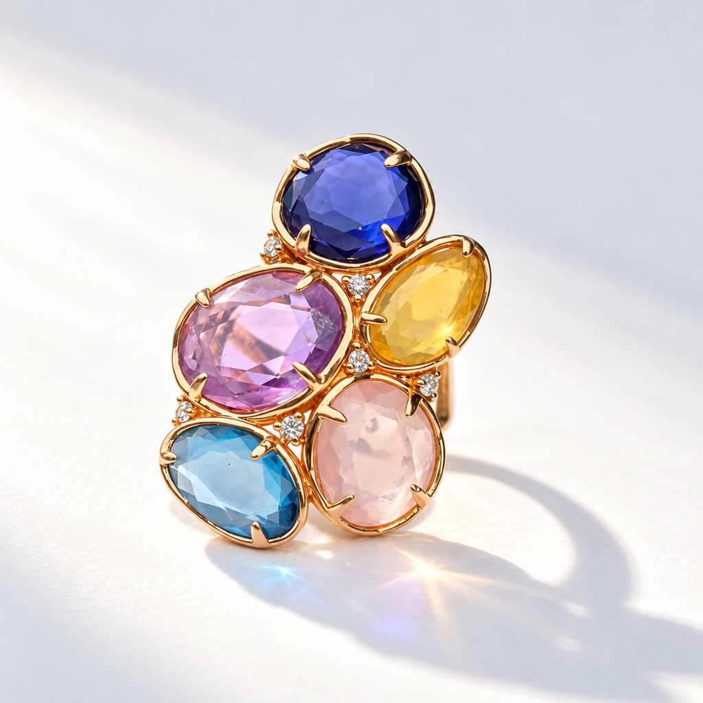 Rose Quartz, Iolite, Amethyst, Topaz, Opal and Diamond 14ct Rose Gold Chunky Ring | Peroni & Parise