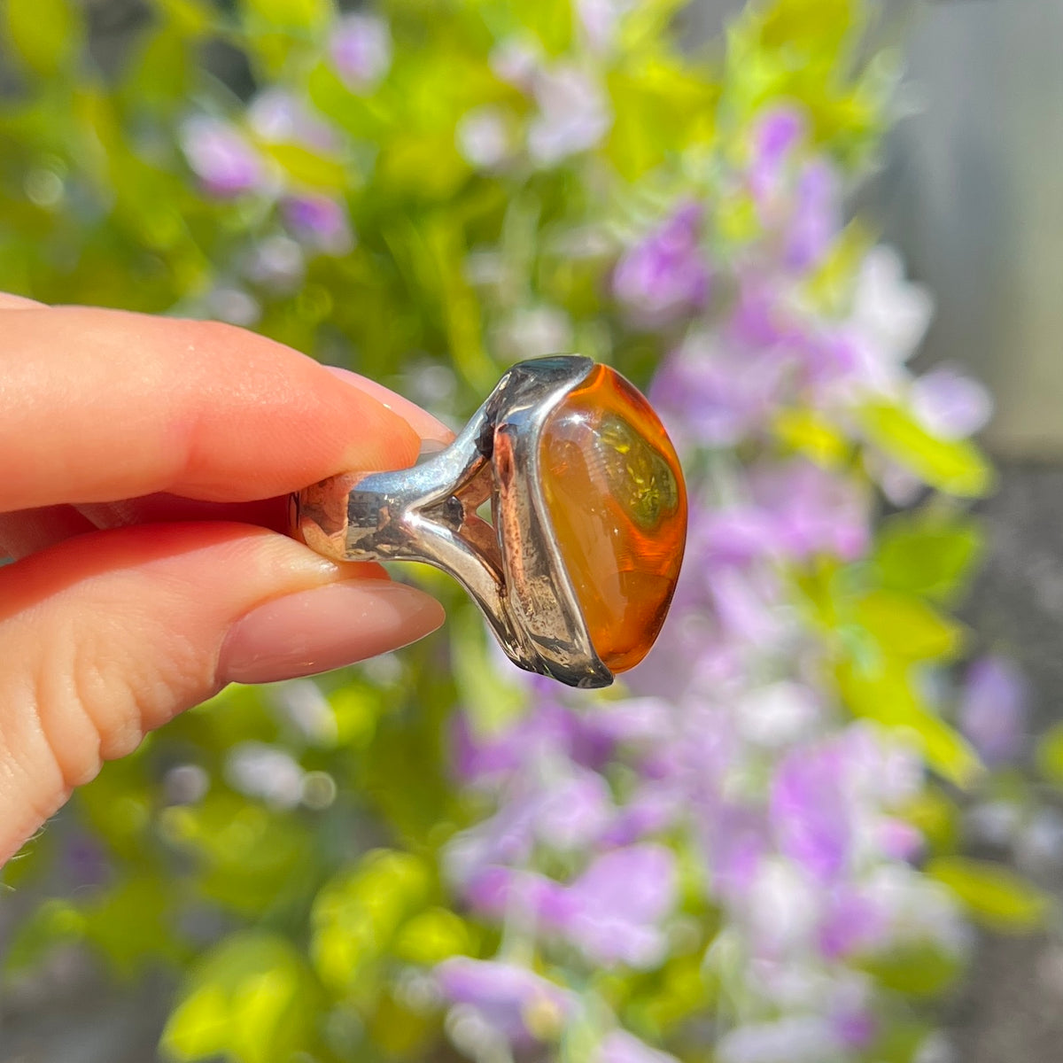 Orange Amber Sterling Silver Super Chunky Ring | Adjustable Size
