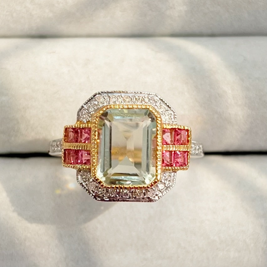 RESERVED | Art Deco Inspired Green Amethyst and Pink Tourmaline 9ct Yellow Gold Ring | Size O ½