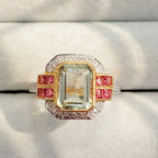 Art Deco Inspired Green Amethyst and Pink Tourmaline 9ct Yellow Gold Ring | Size O ½