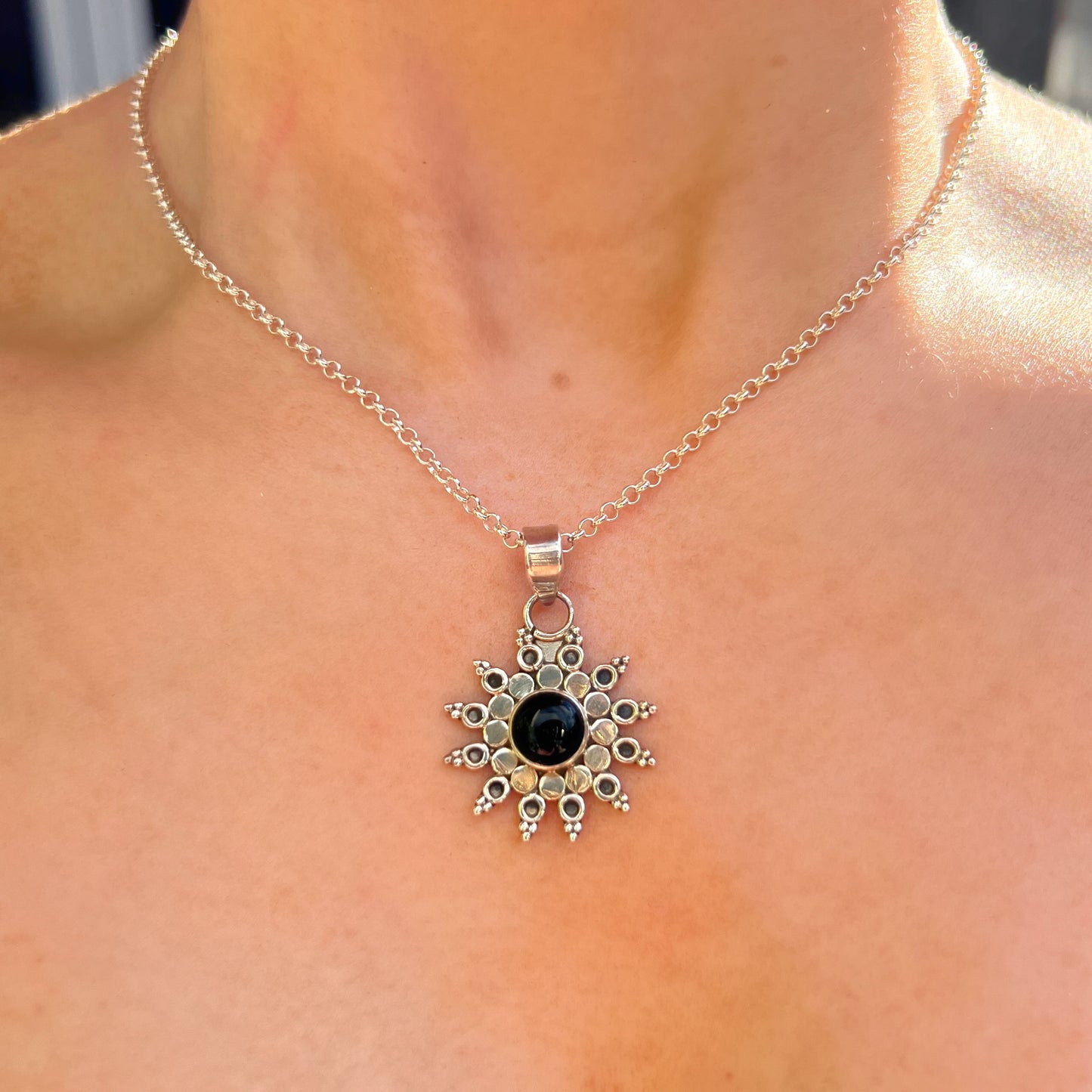 Sterling Silver Black Onyx Mandala Sun Necklace