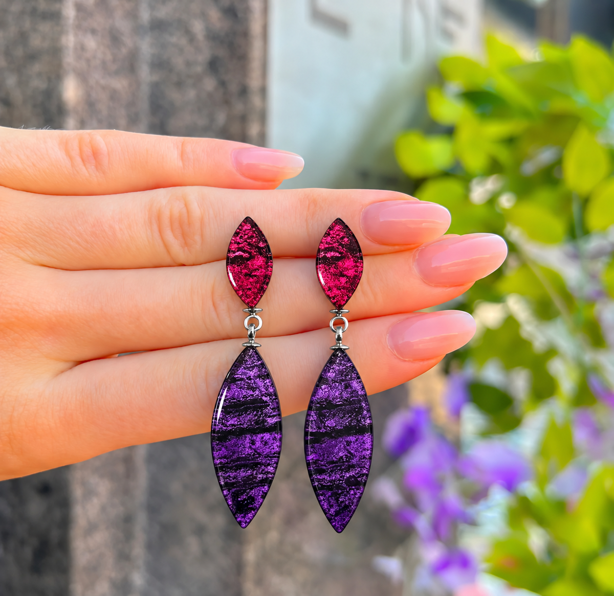 Pink & Purple Aztec Petal Double Drop Earrings | Watch This Space