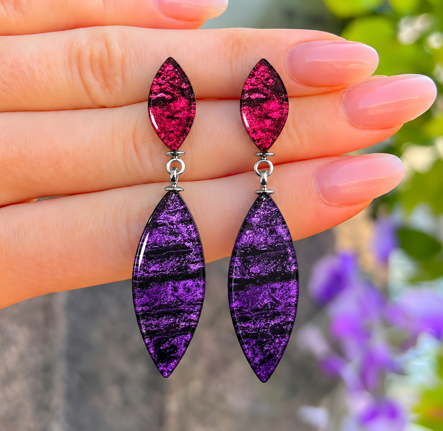 Pink & Purple Aztec Petal Double Drop Earrings | Watch This Space