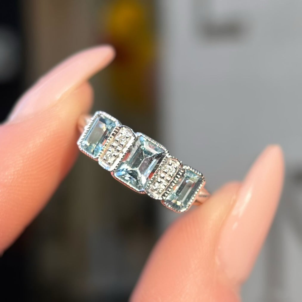 Vintage Inspired 9ct White Gold Aquamarine and Diamond Trilogy Ring - Size P