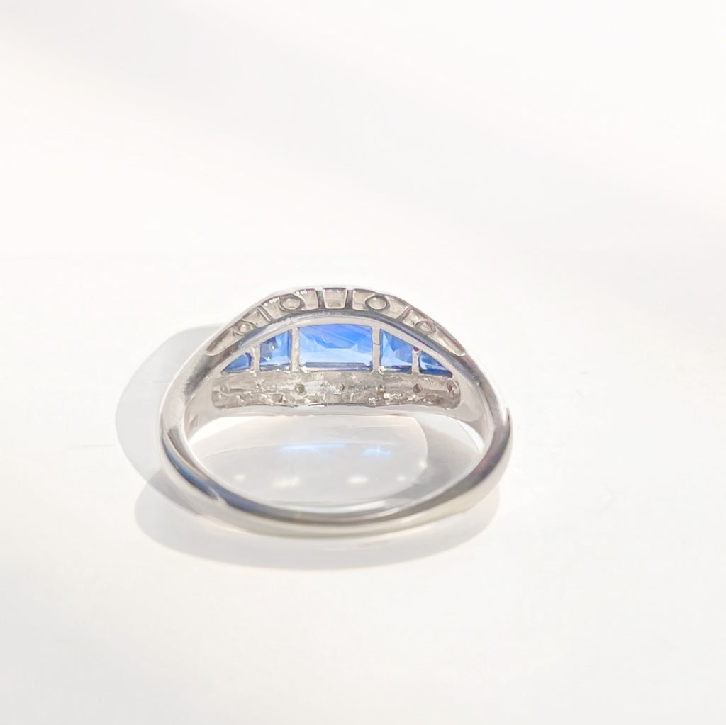 Art Deco Reproduction Madagascar Blue Sapphire and Diamond 9ct White Gold Ring | Size O