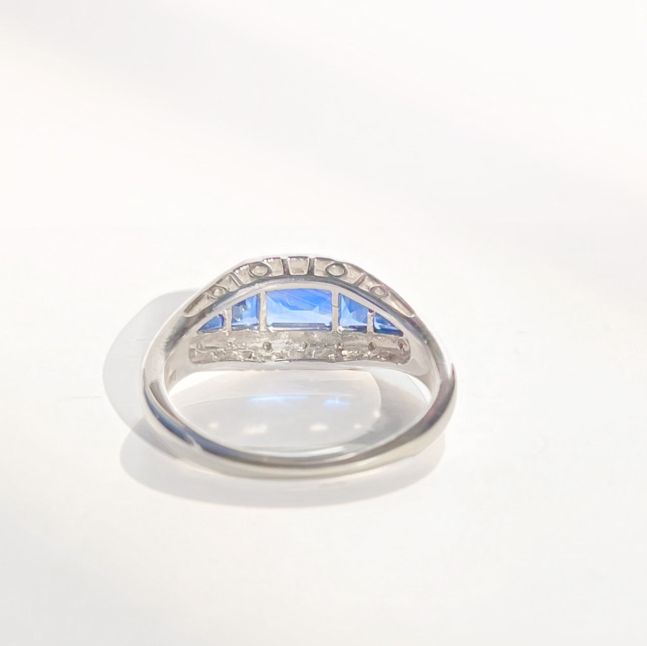 Art Deco Reproduction Madagascar Blue Sapphire and Diamond 9ct White Gold Ring | Size O