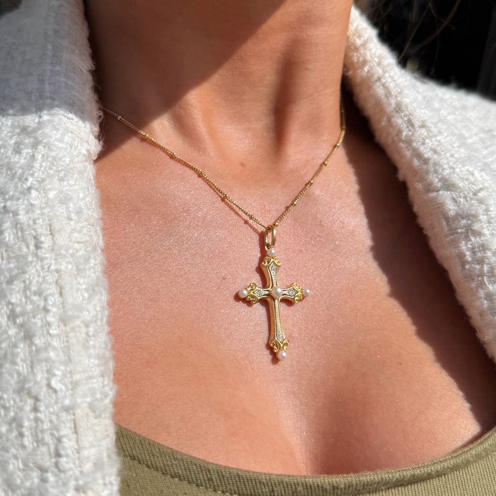Freshwater Pearl & Cubic Zirconia 9ct Gold Plated Cross Necklace