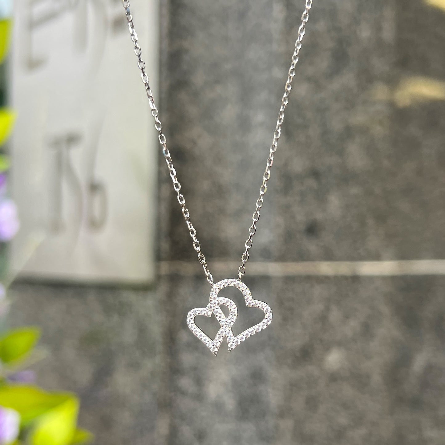 Sterling Silver Cubic Zirconia Double Heart Necklace