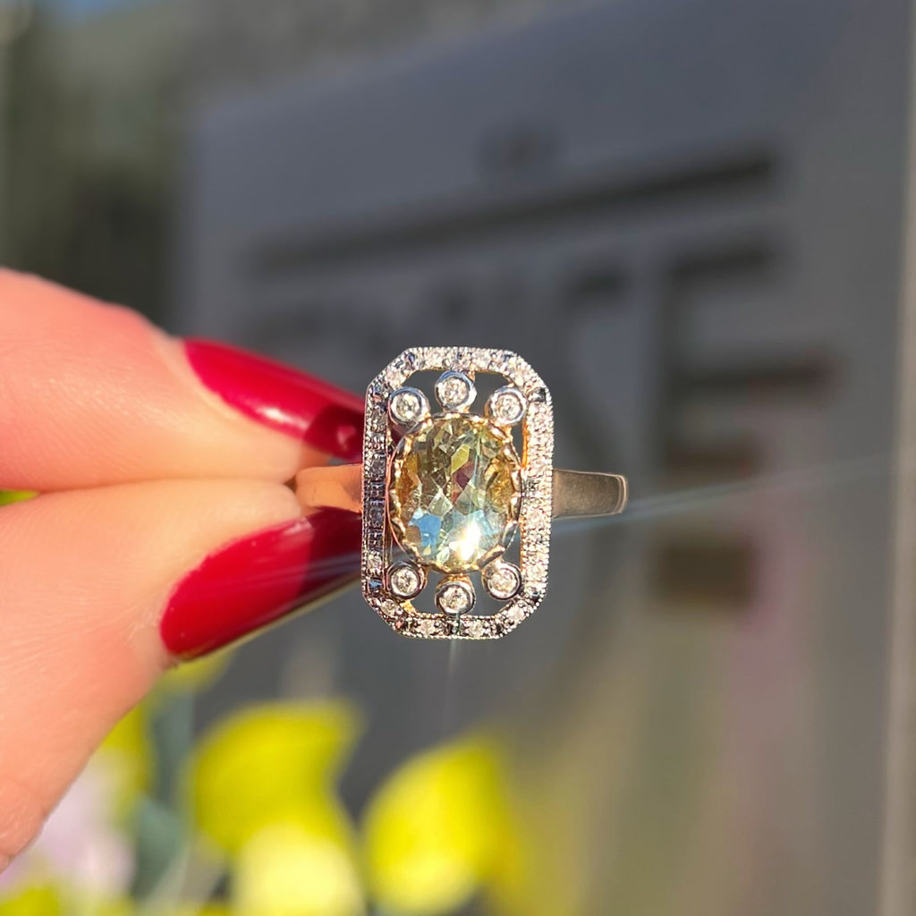 Art Deco Inspired Green Amethyst and Diamond 9ct Yellow Gold Ring | Size M