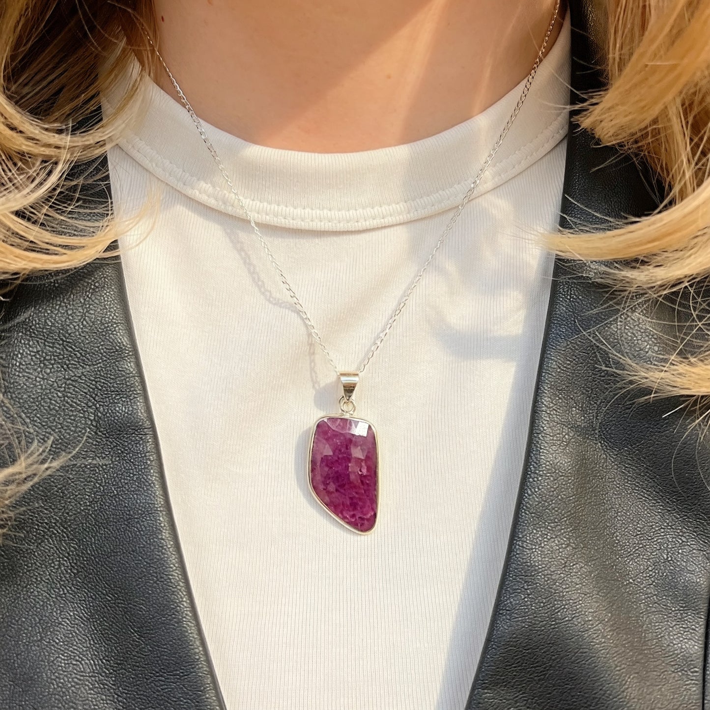 Unusual Sterling Silver Irregular Shaped Ruby Necklace