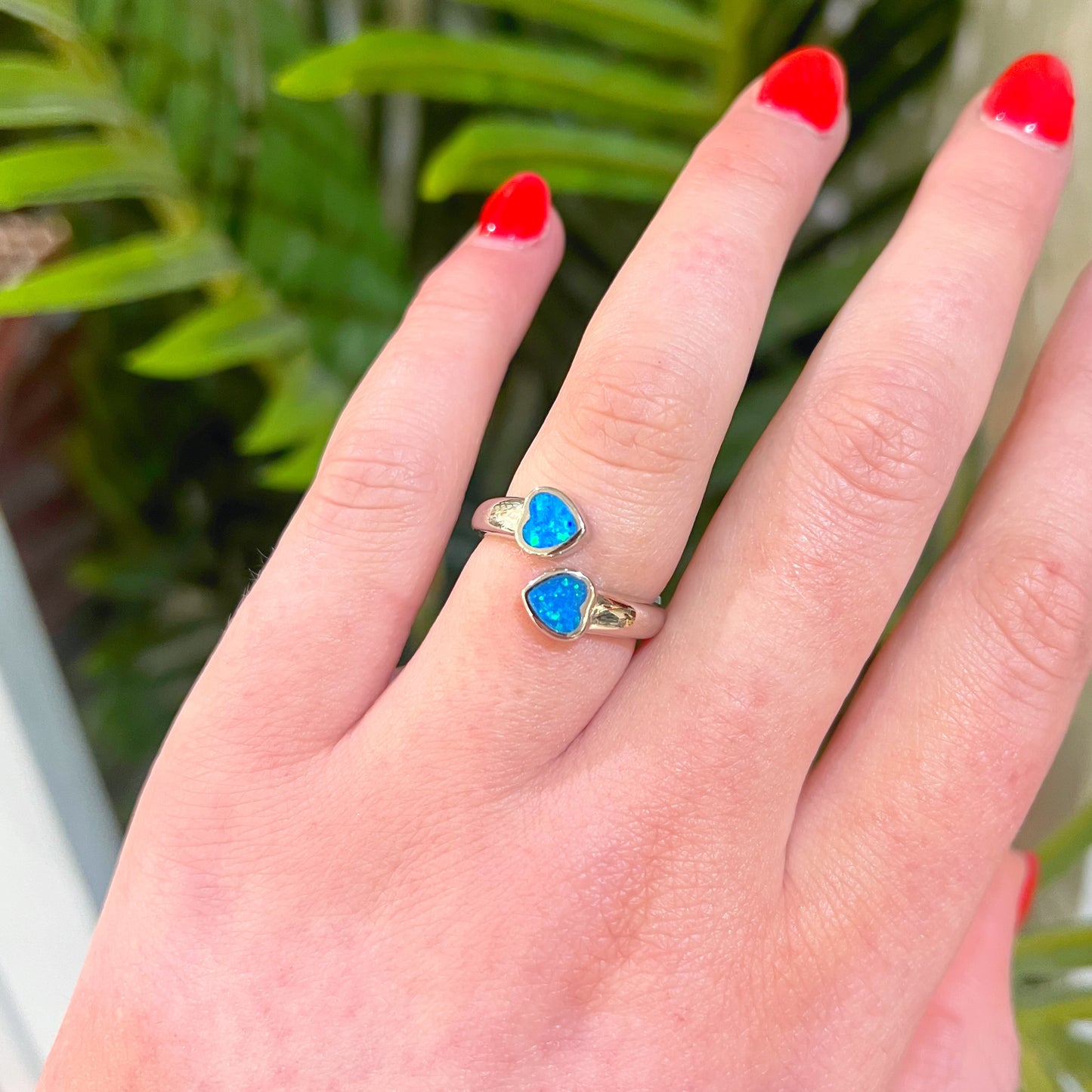 Sterling Silver Two Hearts Blue Opal Ring - Adjustable Size