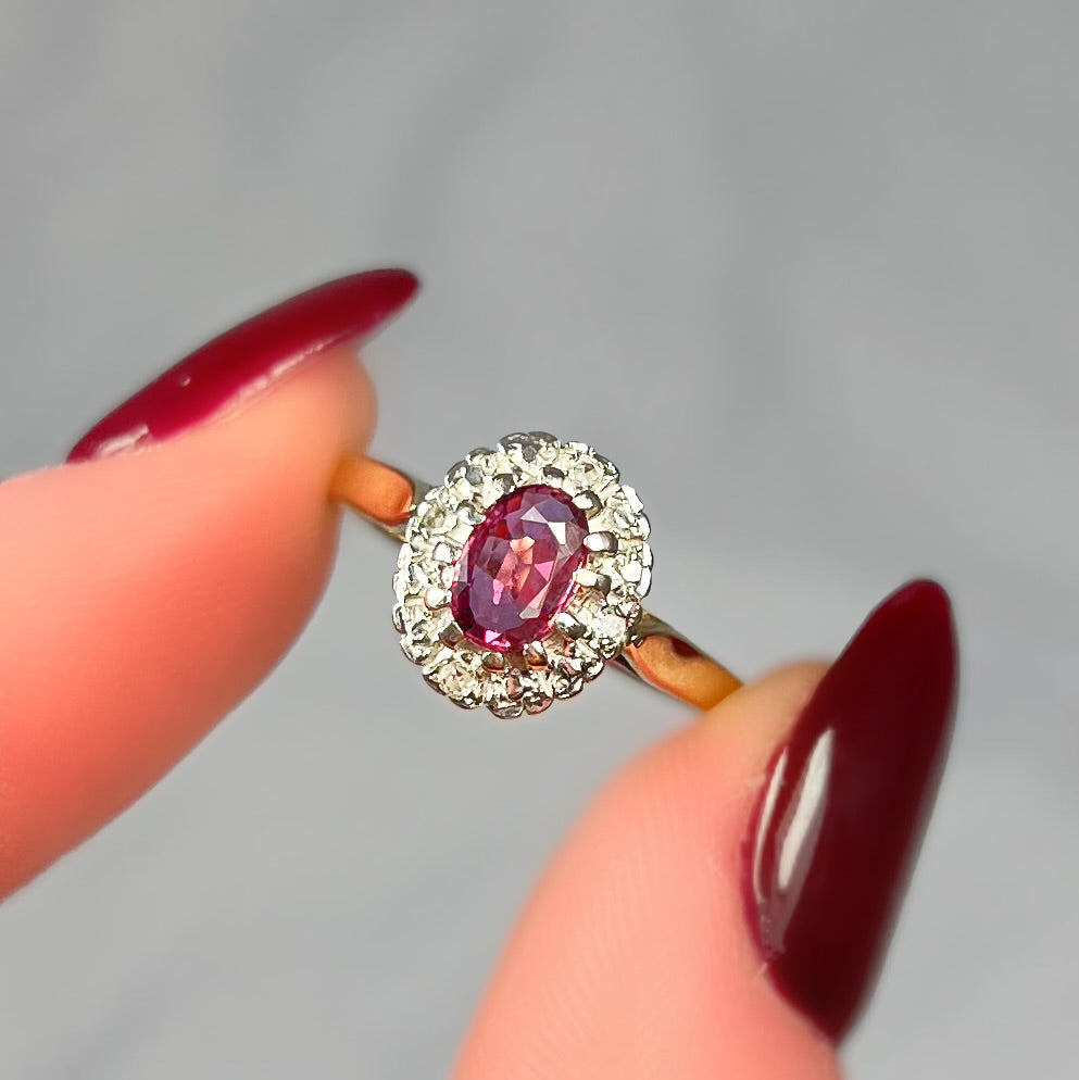 Vintage 9ct Yellow Gold Ruby and Diamond Cluster Ring - Size L