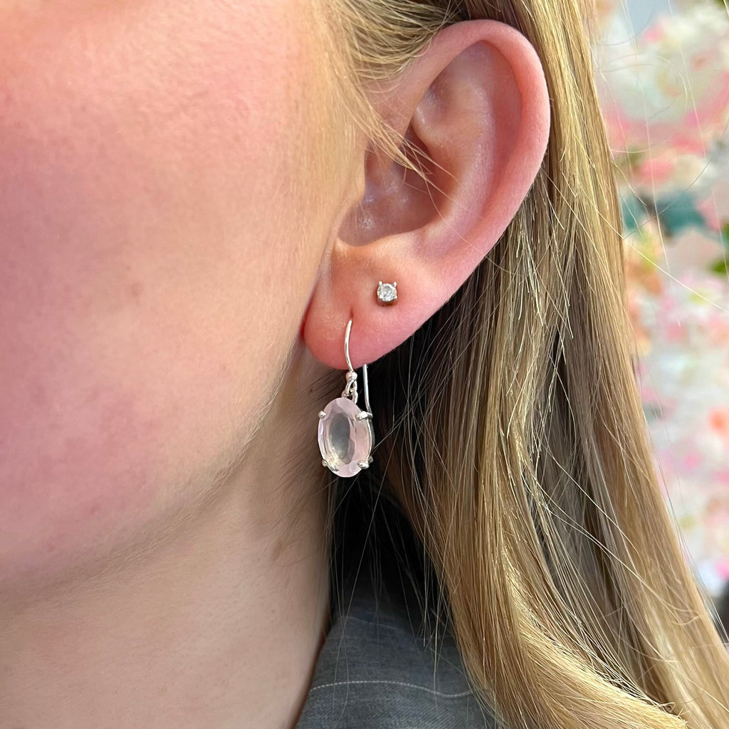 Rose Quartz Sterling Silver Oval Faceted Drop Earrings