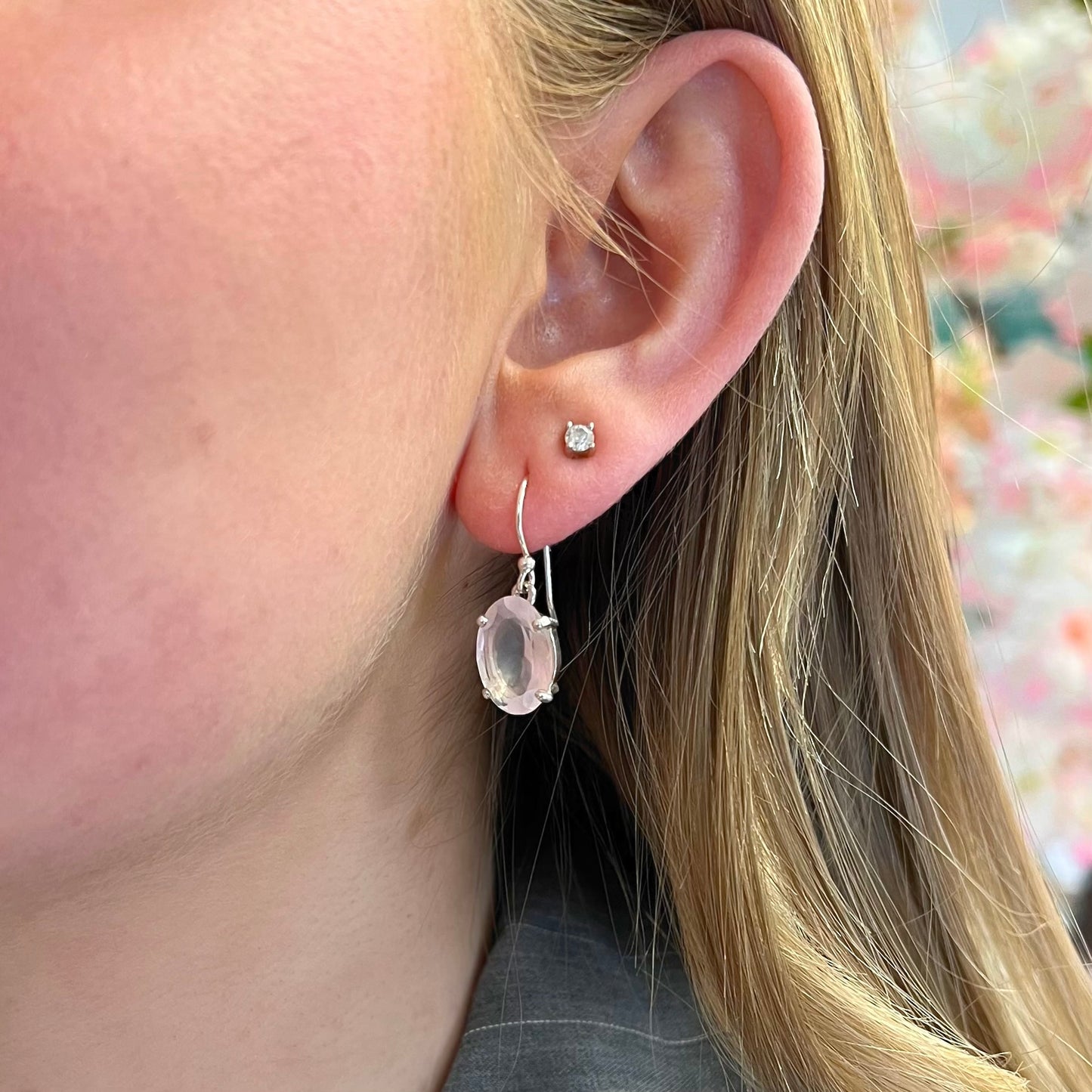 Pink Rose Quartz Sterling Silver Oval Faceted Drop Earrings