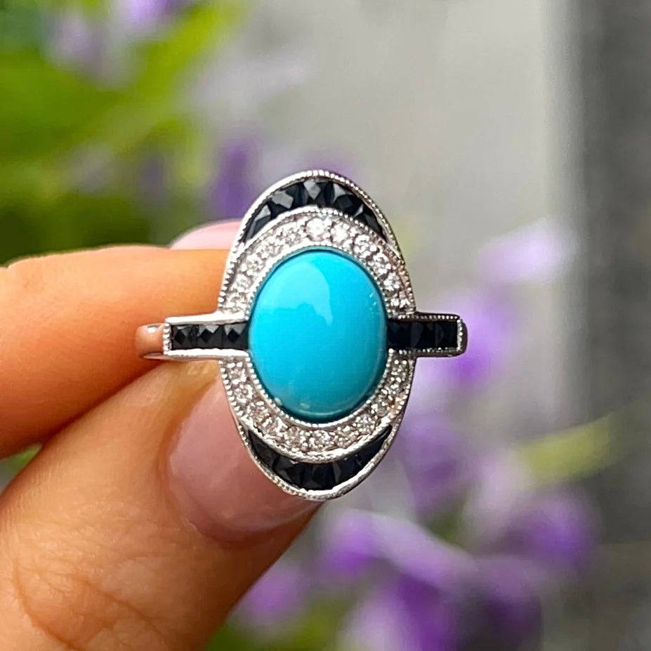 18ct Yellow Gold Turquoise, Onyx and Diamond Ring - Size O