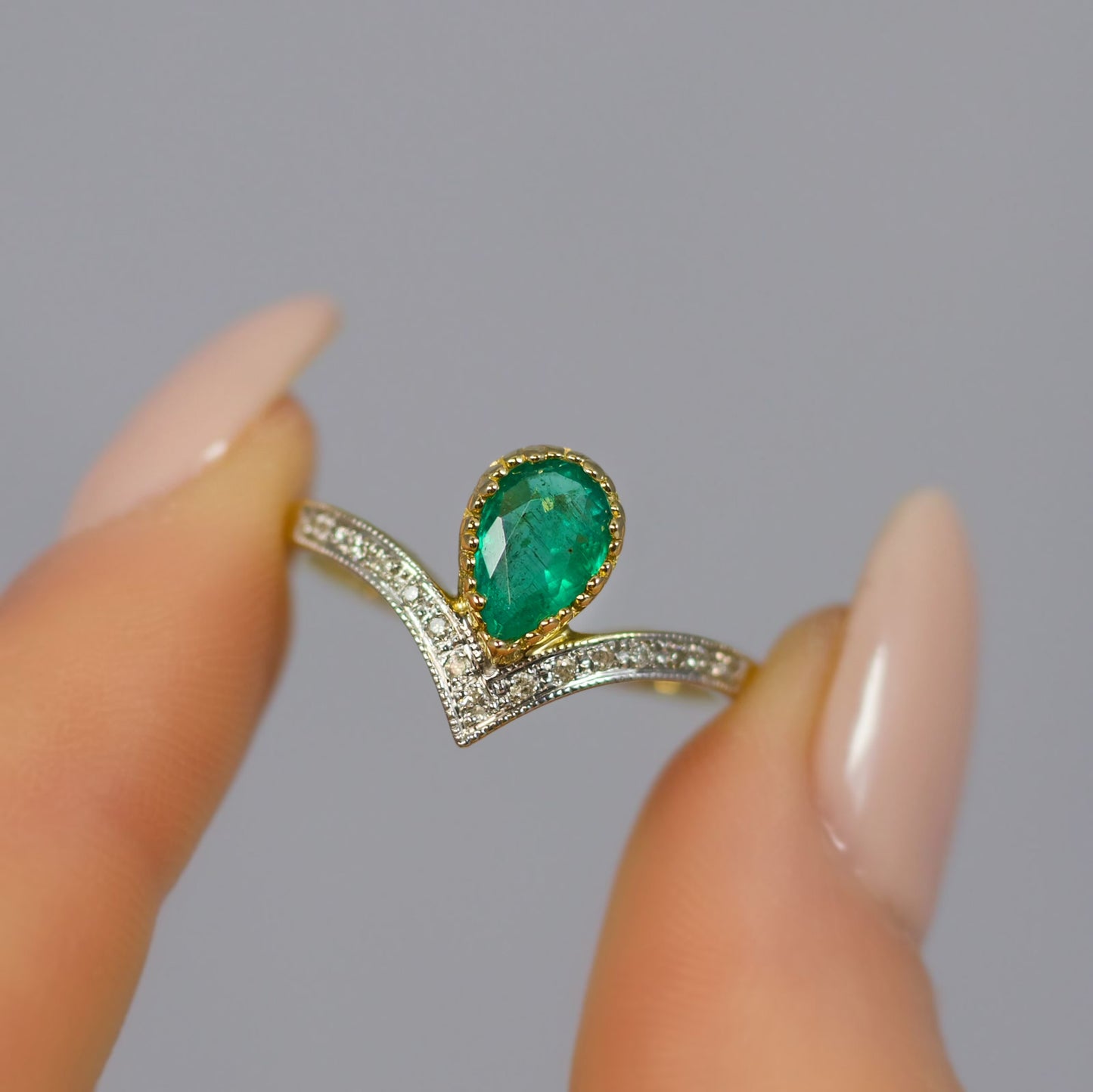 'Ariel' Ring - 9ct Yellow Gold Emerald and Diamond Wishbone Size N ½