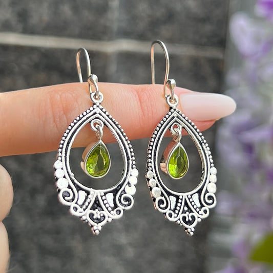 Boho Filigree Sterling Silver Green Peridot Drop Earrings