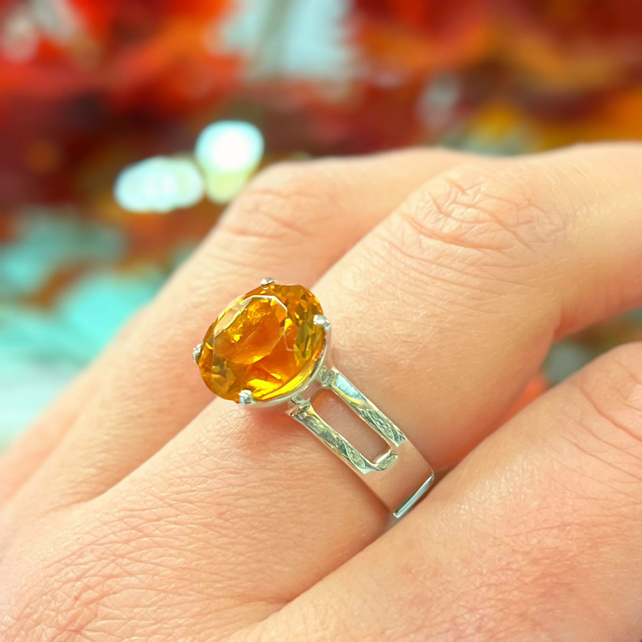 Incredible Sterling Silver Round Madeira Citrine Ring - Size M