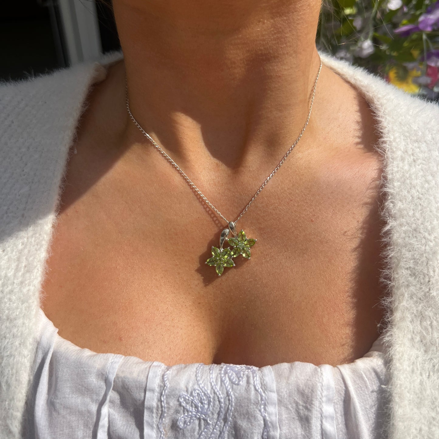 Sterling Silver Green Peridot Flower Necklace